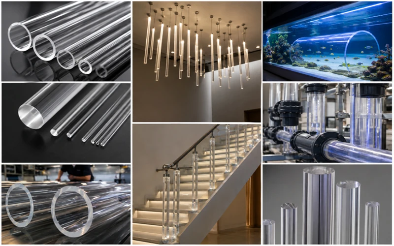 Cast and extruded clear acrylic tubes for LED lighting, architectural decoration, industrial piping, and display applications banner