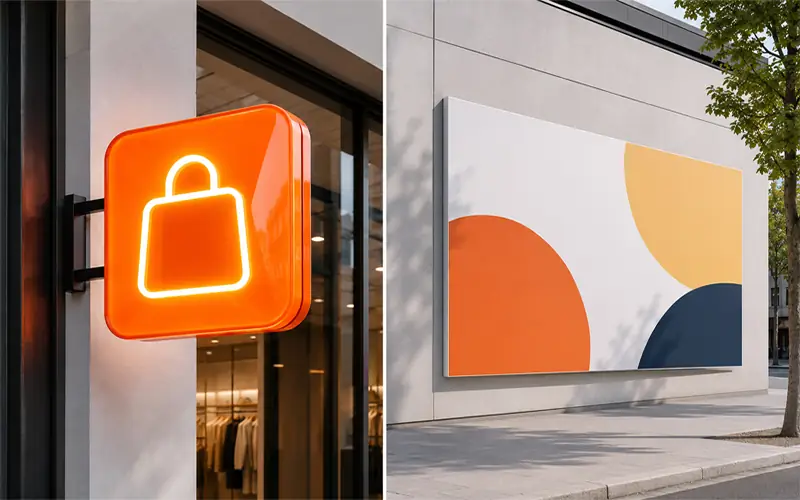 Comparison of an illuminated acrylic storefront sign and a large-format printed outdoor PVC foam board signboard.