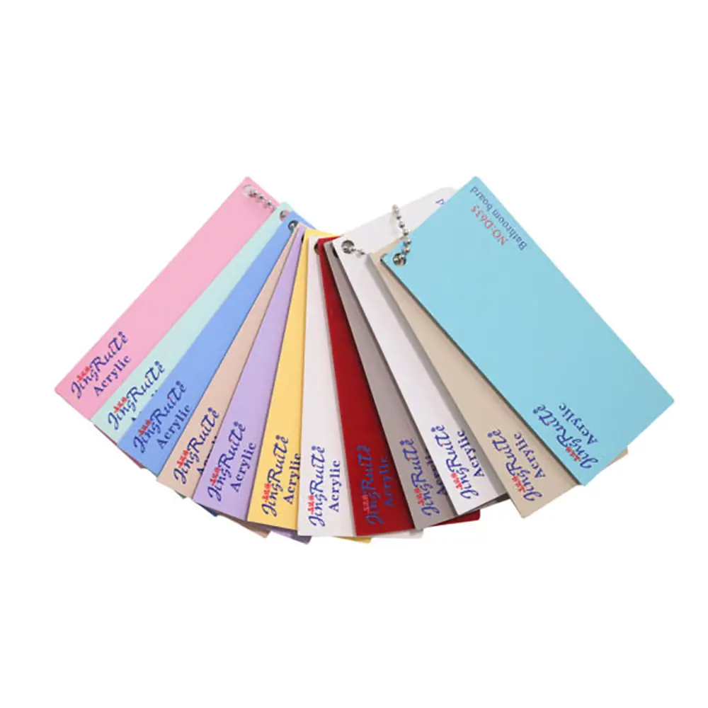 Color samples and material swatches of acrylic bathroom wall panels for commercial interior projects