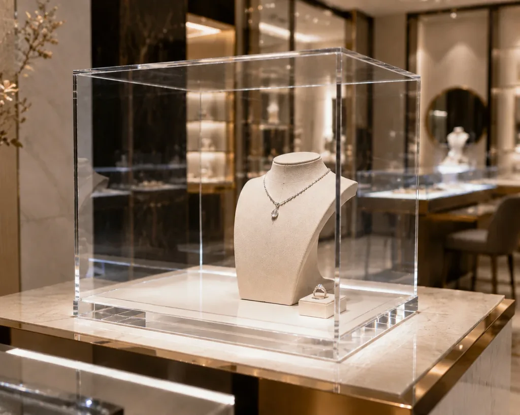 Premium acrylic jewelry display case with a necklace and ring on a marble retail showroom counter.