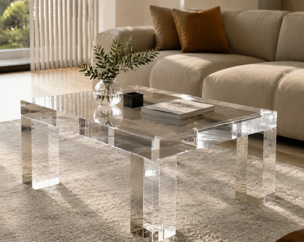 Contemporary clear coffee table crafted from thick acrylic sheets in a modern minimalist living room.