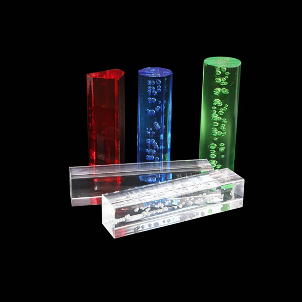 Custom colored and clear acrylic rods with bubble designs in round, triangular, and hexagonal shapes