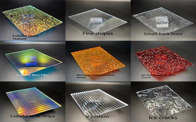 Grid of colorful and textured decorative acrylic sheet samples for modern interior design