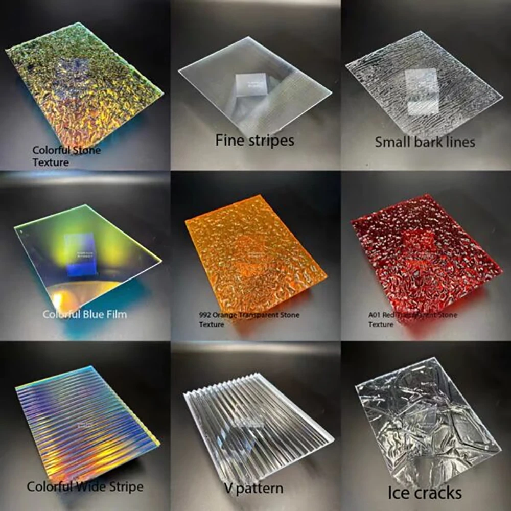 Nine samples of textured decorative acrylic sheets with stone, stripe, and ice crack patterns