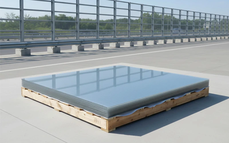 Transparent sound barrier acrylic sheets stacked on a wooden pallet for highway noise control