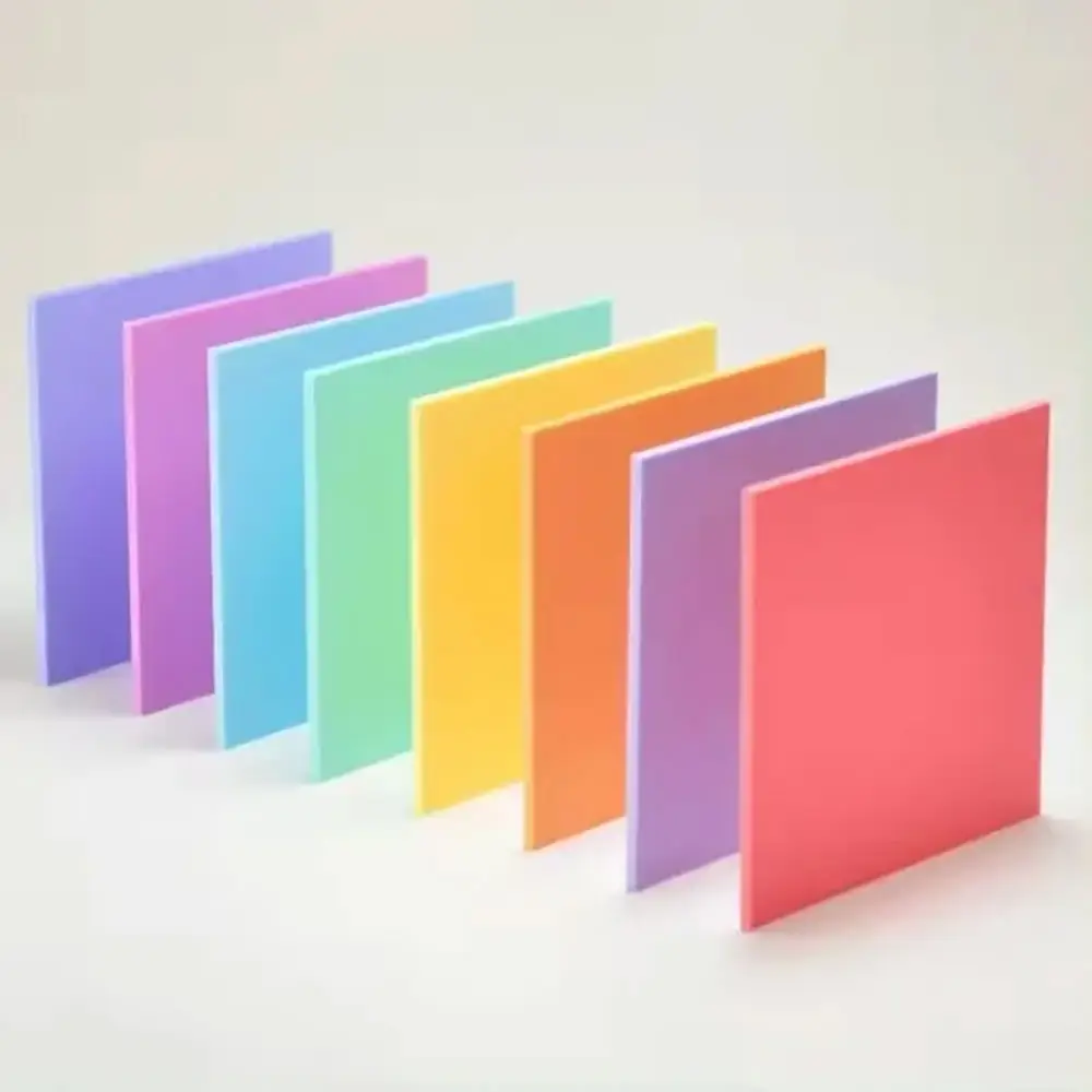  Eight square samples of translucent pastel acrylic sheets in lavender, pink, mint green, and yellow, featuring a satin surface for interior decoration.