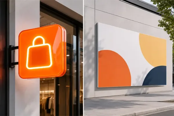 Comparison of an illuminated acrylic storefront sign and a large-format printed outdoor PVC foam board signboard.