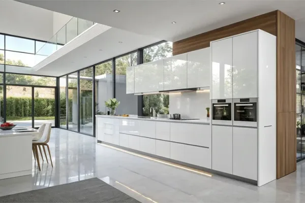 modern minimalist kitchen cabinets made of high gloss white acrylic sheets