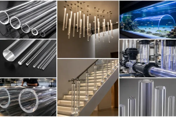 Cast and extruded clear acrylic tubes for LED lighting, architectural decoration, industrial piping, and display applications banner