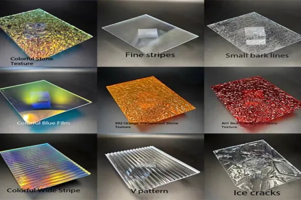 Grid of colorful and textured decorative acrylic sheet samples for modern interior design