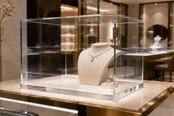 Thick acrylic sheets used in a luxury retail display showcase representing invisible strength in modern design.