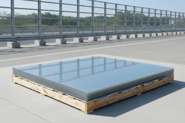 Transparent sound barrier acrylic sheets stacked on a wooden pallet for highway noise control